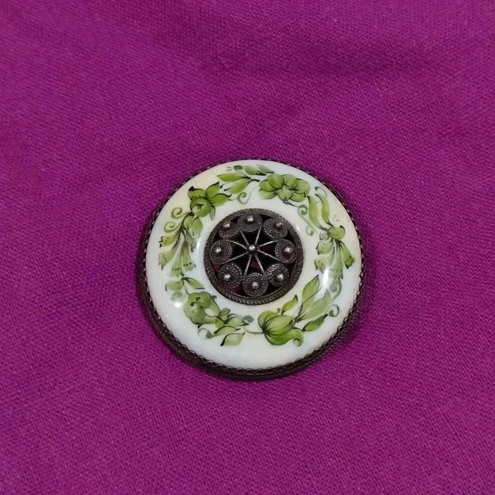 Antique Brooch Porcelain Green Botanical Garland Silver Metalwork
